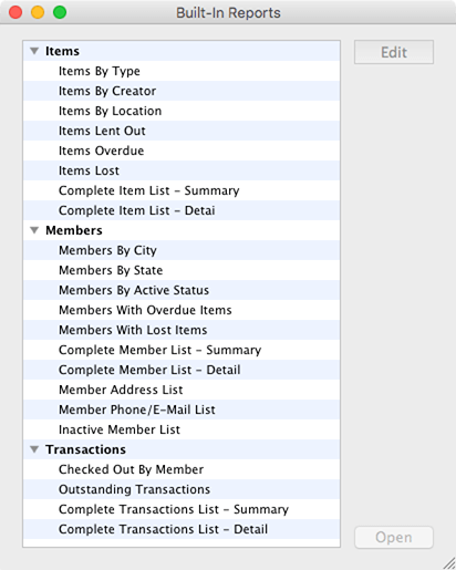 Built-in reports list