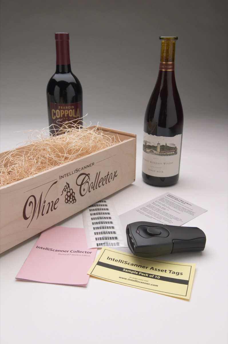 Wine Collector wooden crate with bottles, asset tags, and the mini scanner